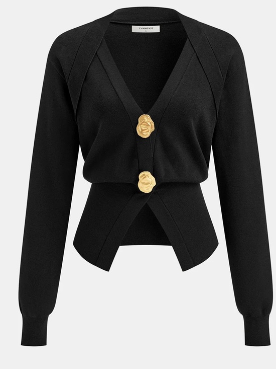 Commense Sweaters - Commense Black V-Neck Cardigan with Gold Floral Buttons Size XL